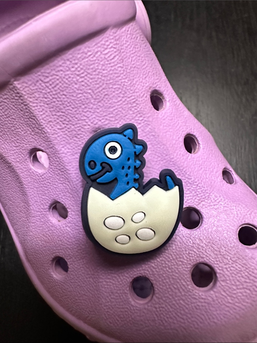 Jibbitz Purple Clog Charm with Blue Dinosaur Hatching